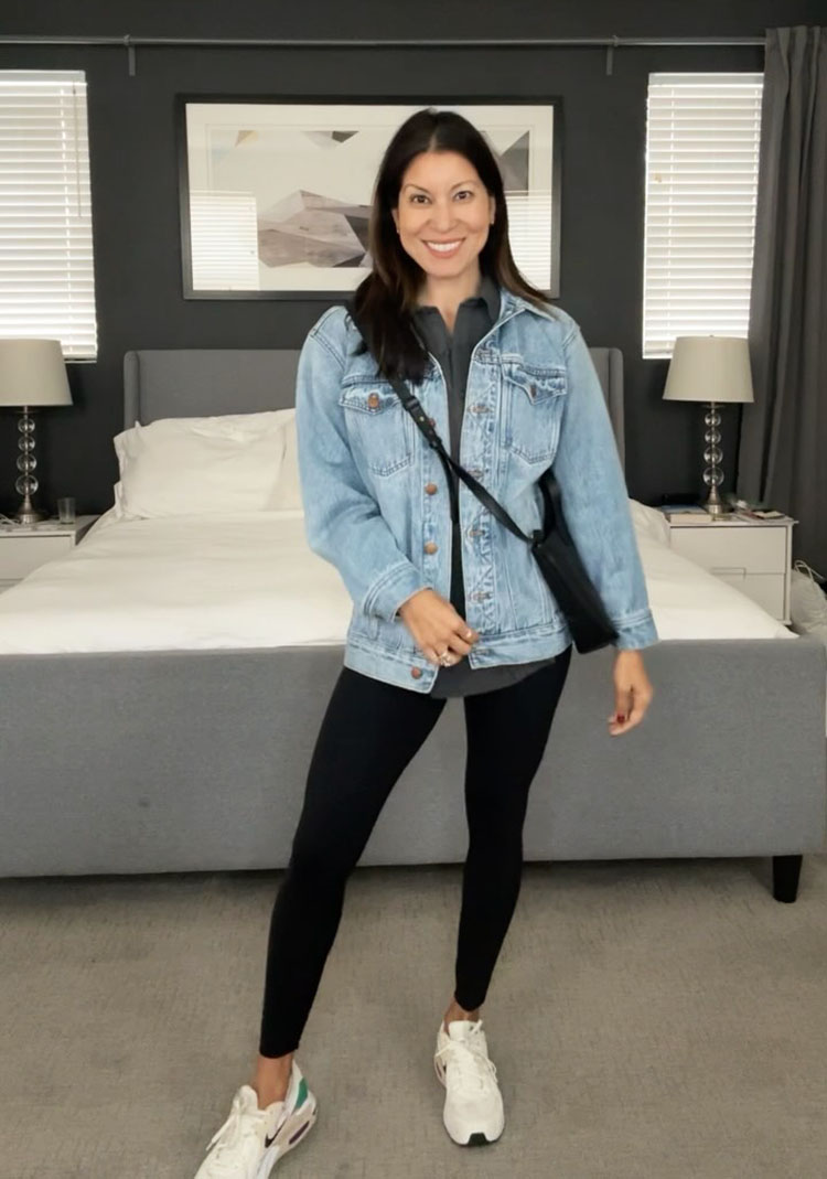 Adaline in denim jacket, leggings and sneakers | 40plusstyle.com