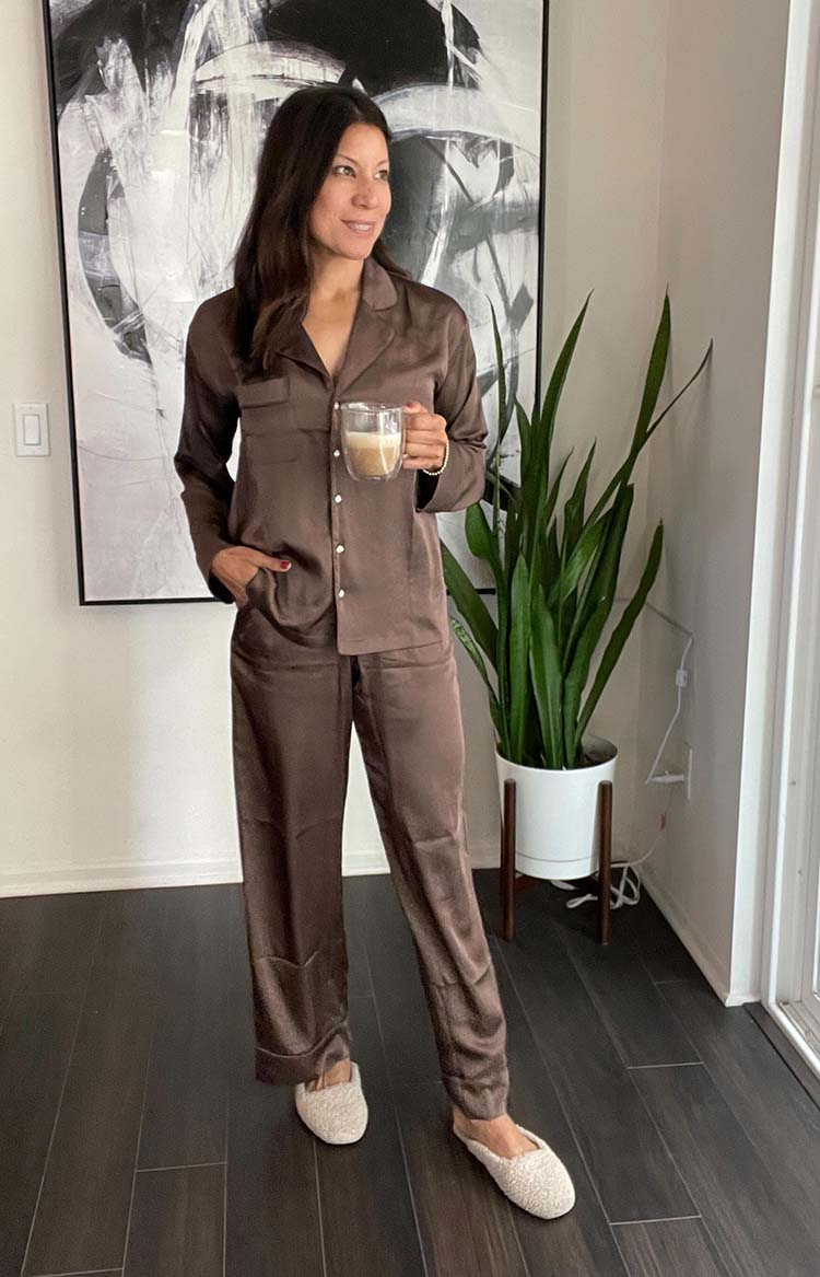 Adaline wears brown silk pajamas | 40plusstyle.com