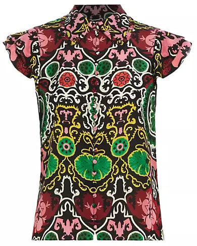 Alice + Olivia Abstract Silk Ruffle Cap-Sleeve Shirt | 40plusstyle.com