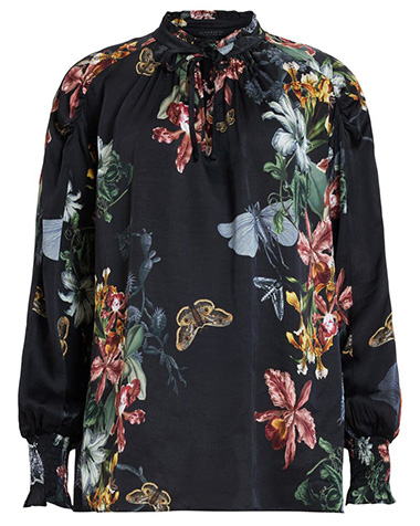 Tops to hide a tummy - AllSaints Mara Sanibel Floral Print Tie Neck Top | 40plusstyle.com