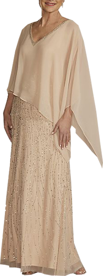 Oleg Cassini Beaded V-Neck Sheath Gown with Chiffon Capelet | 40plusstyle.com