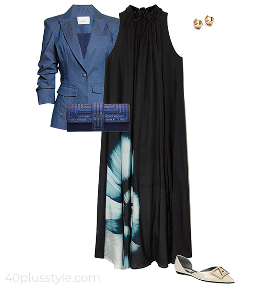 Blazer, printed maxi dress and flats | 40plusstyle.com