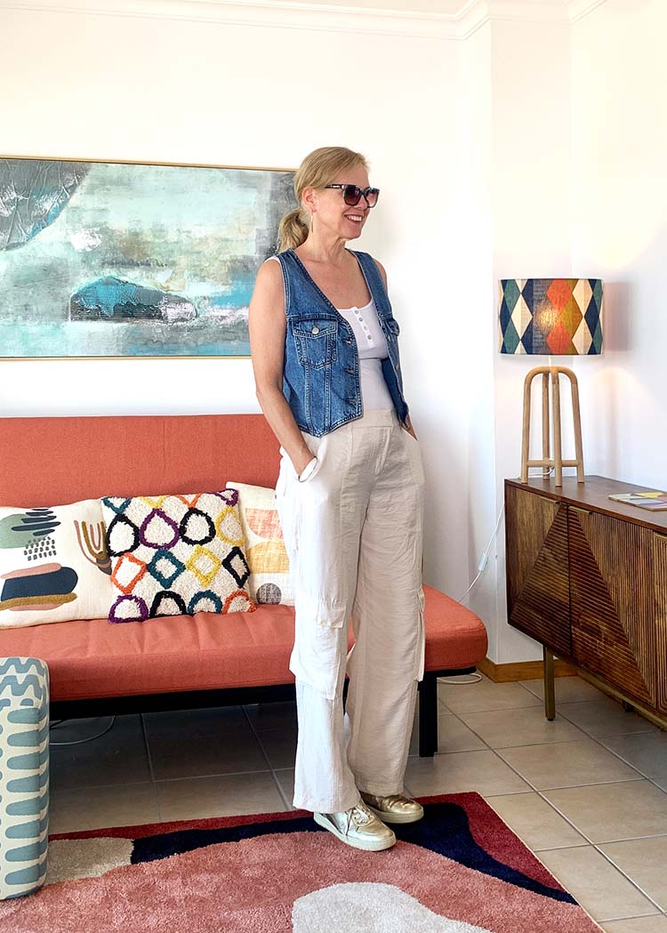 Sylvia wears a waistcoat and cargo pants | 40plusstyle.com