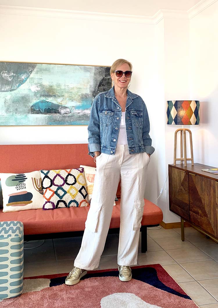 Sylvia wears a denim jacket and cargo pants | 40plusstyle.com