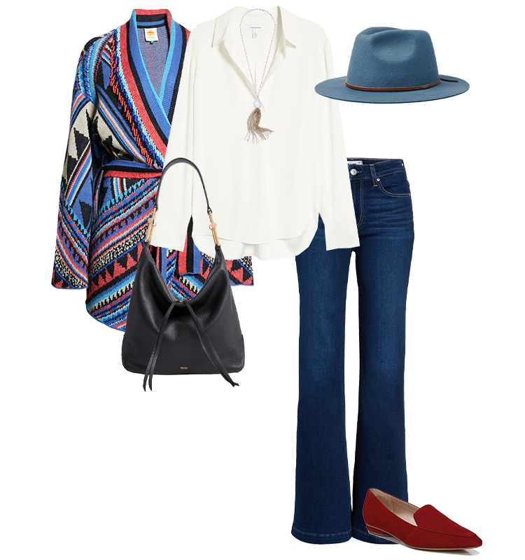 Fall casual outfit" belted cardigan, shirt, jeans, flats and fedora | 40plusstyle.com