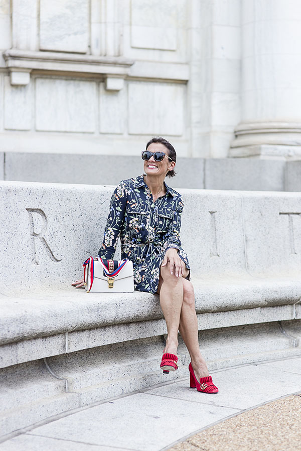 Chic outfit idea: Floral dress and red suede shoes | 40plusstyle.com