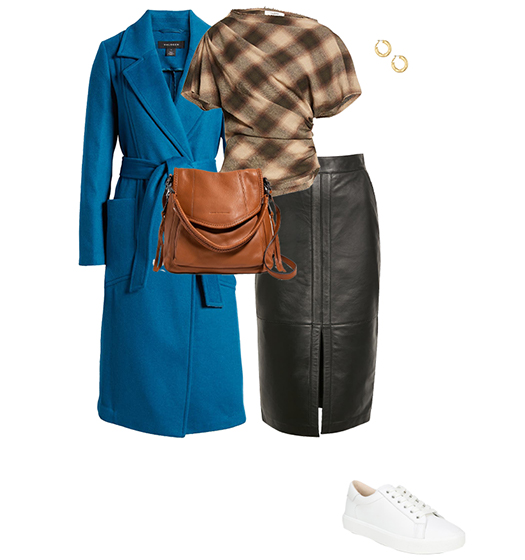 Casual wear for fall: coat, ruched top, leather skirt and sneakers | 40plusstyle.com