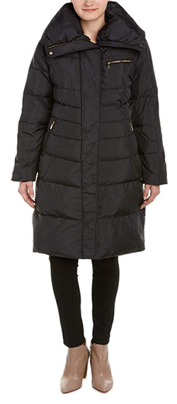 Cole Haan Knee Length Hooded Quilted Down Coat | 40plusstyle.com