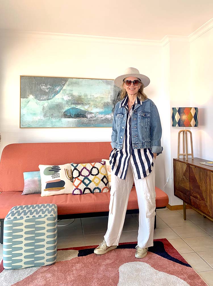 Sylvia wears a denim jacket, striped shirt and cargo pants | 40plusstyle.com