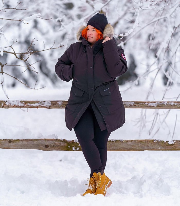 Hiking outfits for women - Dawn wears a cozy coat and lace-up boots | 40plusstyle.com