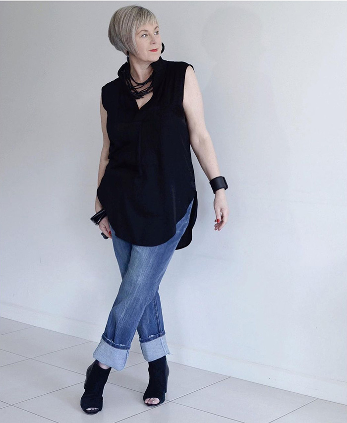 Deborah in jeans and peep-toe booties | 40plusstyle.com