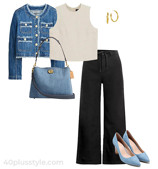 Denim jacket and black pants | 40plusstyle.com