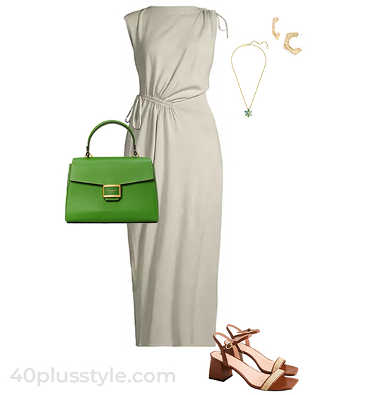 Ruched dress and sandals outfit | 40plusstyle.com