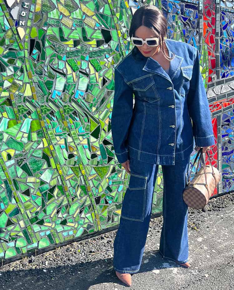 Eugenia wears a denim suit | 40plusstyle.com