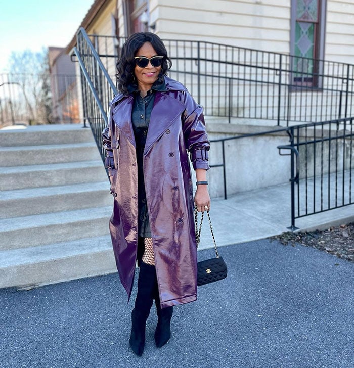 Best leather jackets for women - Eugenia wears a purple trench coat | 40plusstyle.com