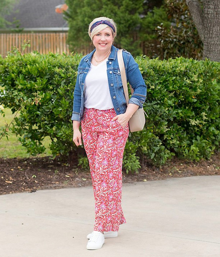 Fonda in print pants and a denim jacket | 40plusstyle.com