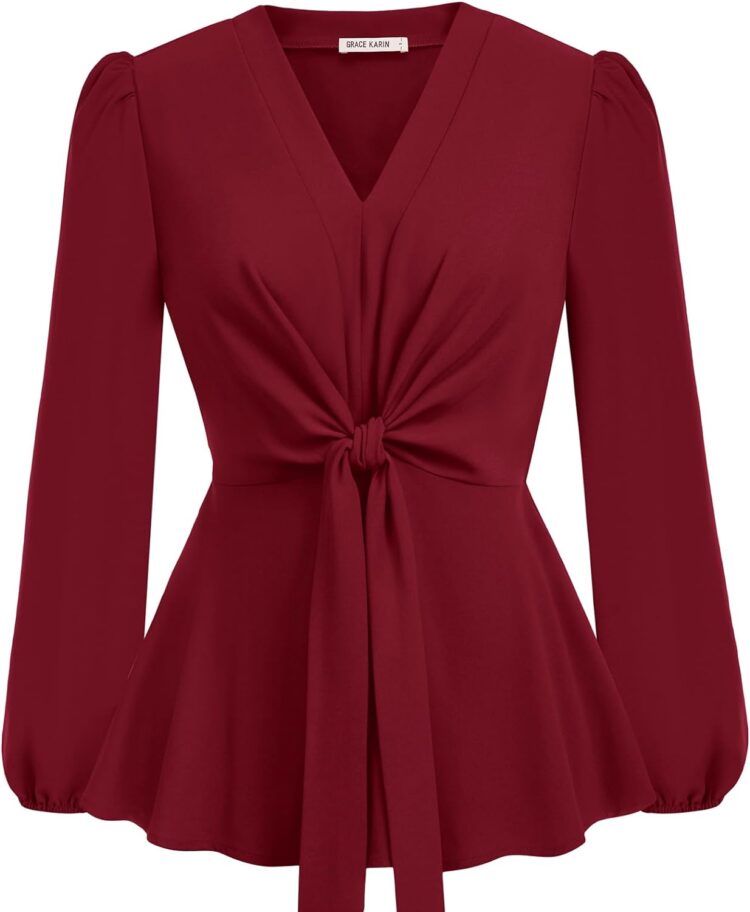 GRACE KARIN V Neck Tie Front Top | 40plusstyle.com