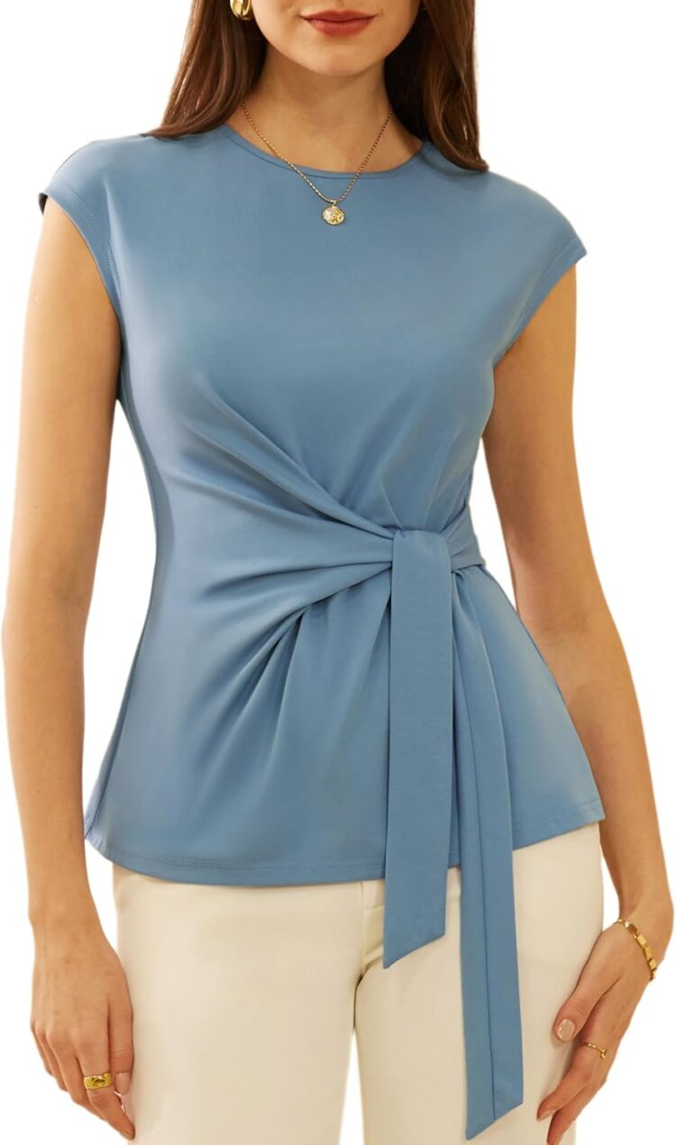 GRACE KARIN Cap Sleeve Tie Waist Blouse | 40plusstyle.com