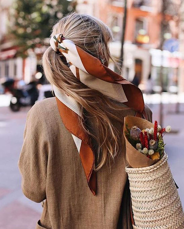 Tie scarf around ponytail if you have long hair | 40plusstyle.com