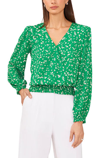 Halogen Floral Smocked Hem Surplice V-Neck Blouse | 40plusstyle.com