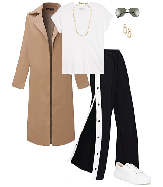 Jennifer Aniston fall look - maxi coat, white tee, crop pants and sneakers | 40plusstyle.com