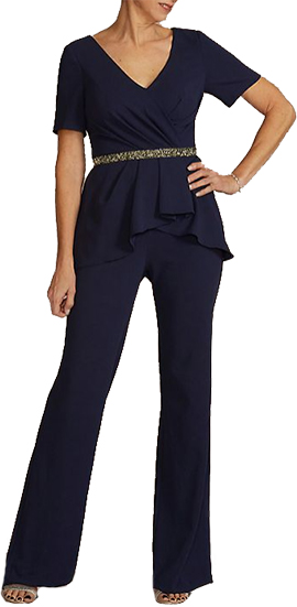 Oleg Cassini Embellished Waist Crepe Jumpsuit with Peplum | 40plusstyle.com