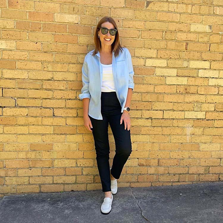 Karen in pull on jeans, shirt and loafers | 40plusstyle.com