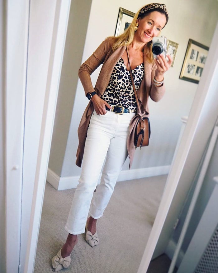 white jeans with leopard print and beige | 40plusstyle.com