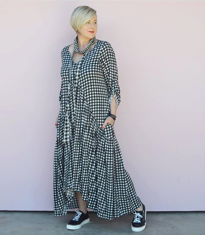 Deborah wearing checkered dress and scarf | 40plusstyle.com