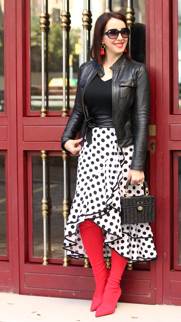 Bold red boots and polka dots | 40plusstyle.com