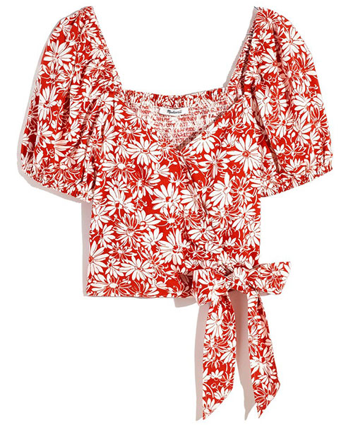 Madewell Abstract Floral Sweetheart Puff Sleeve Linen Blend Wrap Top | 40plusstyle.com