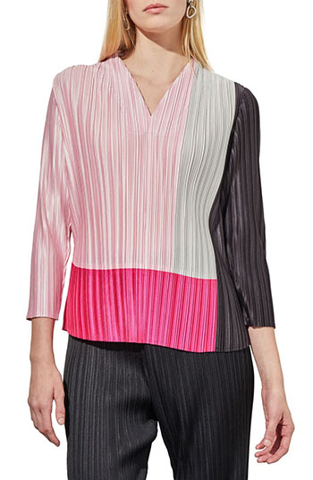 Ming Wang Pleated Colorblock Crêpe de Chine Top | 40plusstyle.com