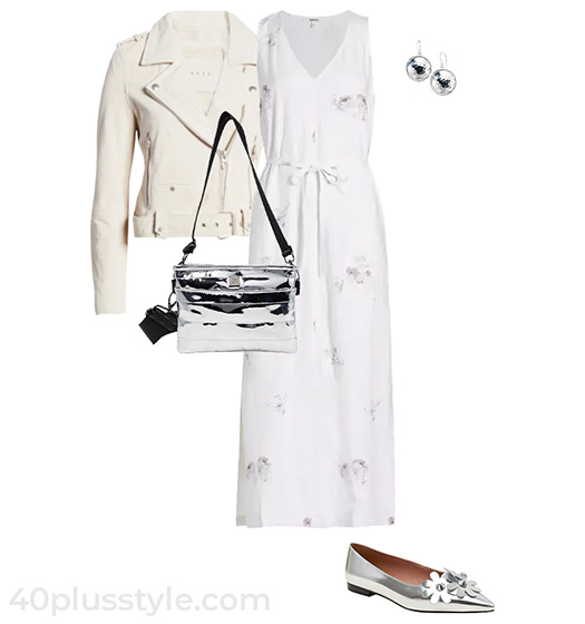 Moto jacket, dress and flats | 40plusstyle.com