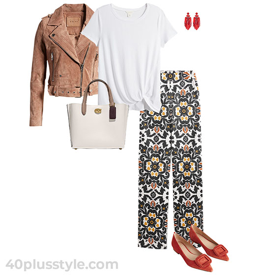 Spring outfit idea: suede moto jacket, tee and printed pants | 40plusstyle.com