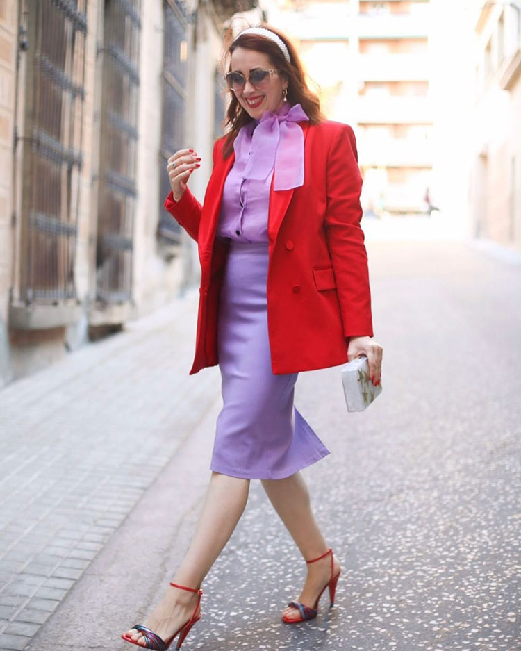 Patricia in a red and purple outfit | 40plusstyle.com