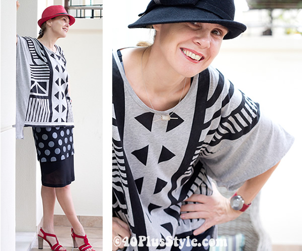 pattern mixing and playing with red and black hats in white, black and red | 40plusstyle.com