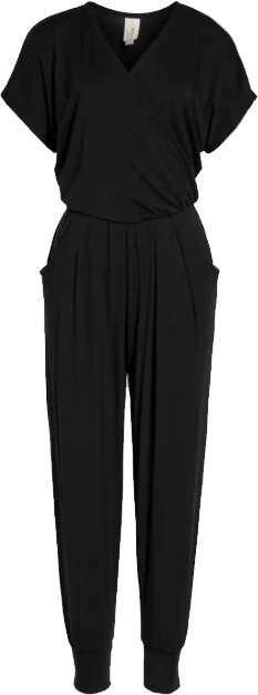 Loveappella Short Sleeve Wrap Top Jumpsuit | 40plusstyle.com