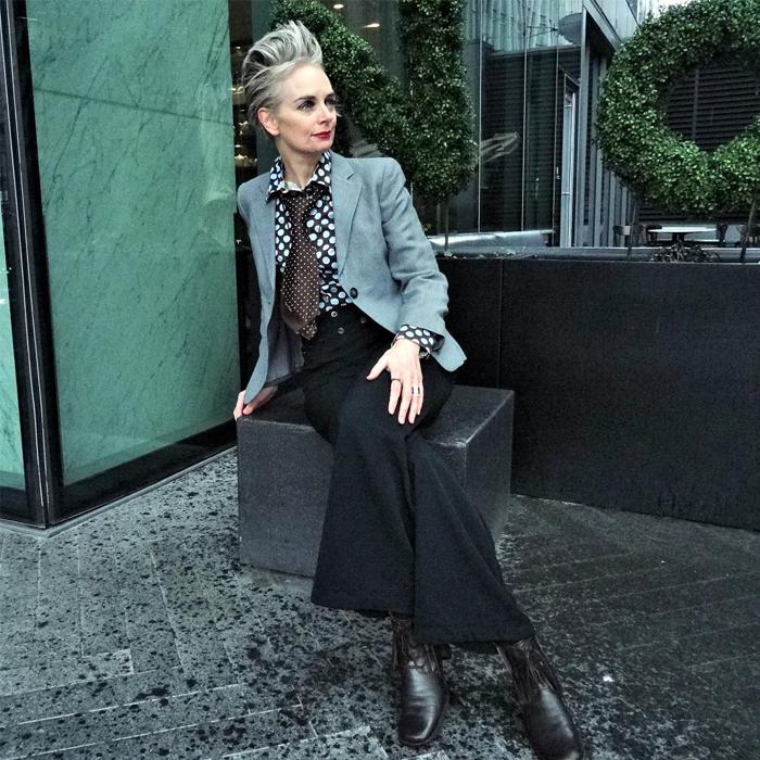 Melanie is wearing Polka Dot blouse over gray blazer and wide leg black pants | fashion over 40 | 40plusstyle