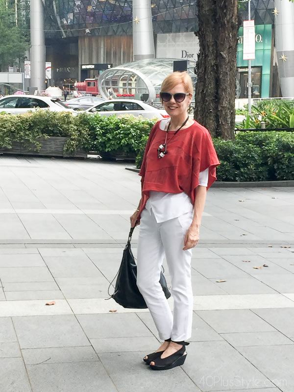 Sylvia wearing a red and white outfit | 40plusstyle.com