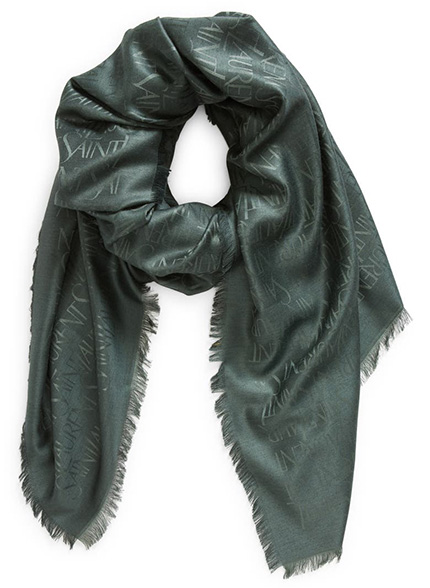 Best designer scarves for women: Saint Laurent Grand Allover Logo Silk & Wool Scarf | 40plusstyle.com