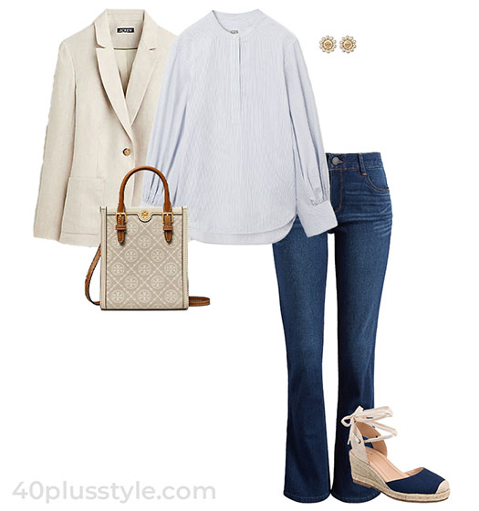 Natural style outfit idea: blazer, shirt, bootcut jeans and espadrilles | 40plusstyle.com