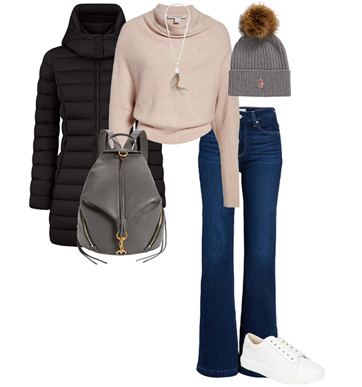 Fall outfit idea: puffer jacket, sweater, jeans, sneakers and backpack | 40plusstyle.com