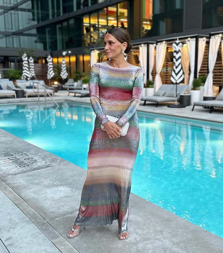 Sylvia wears a glamorous striped dress| 40plusstyle.com