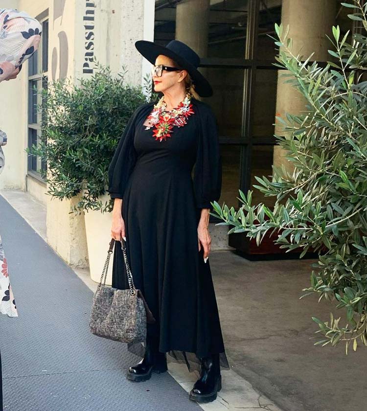 Tamera in black, long sleeve maxi dress, boots and fedora | 40plusstyle.com