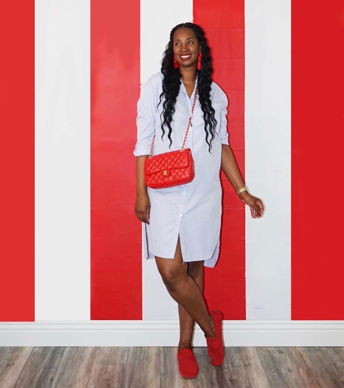 Tanasha matches her flat loafers to her bag and earrings | 40plusstyle.com