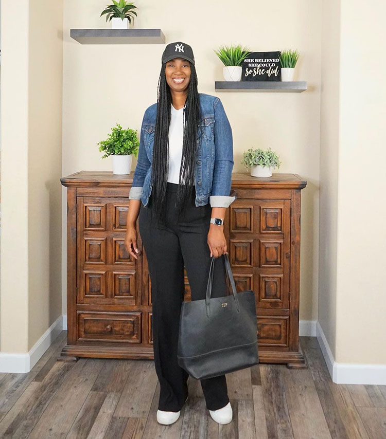 Tanasha wearing denim jacket, pants and sneakers | 40plusstyle.com