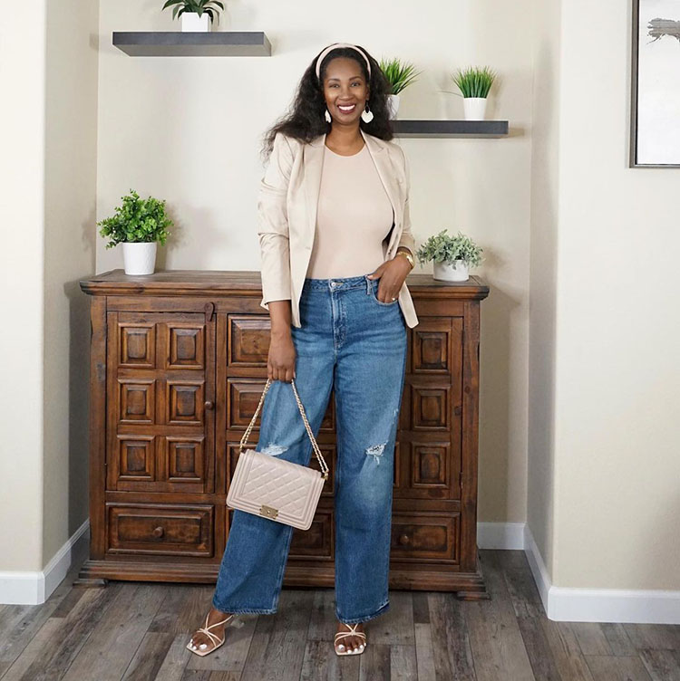 Tanasha wears jeans and a blazer | 40plusstyle.com