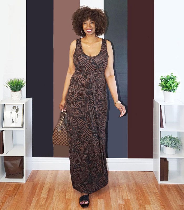 Clothes for tall women - Tanasha in a maxi dress | 40plusstyle.com