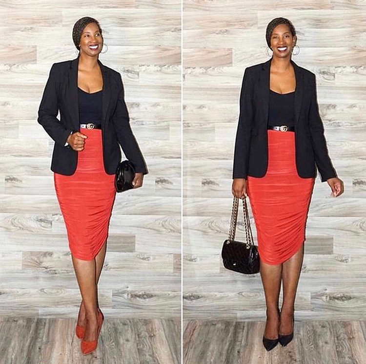 Tanasha wears a red pencil skirt | 40plusstyle.com