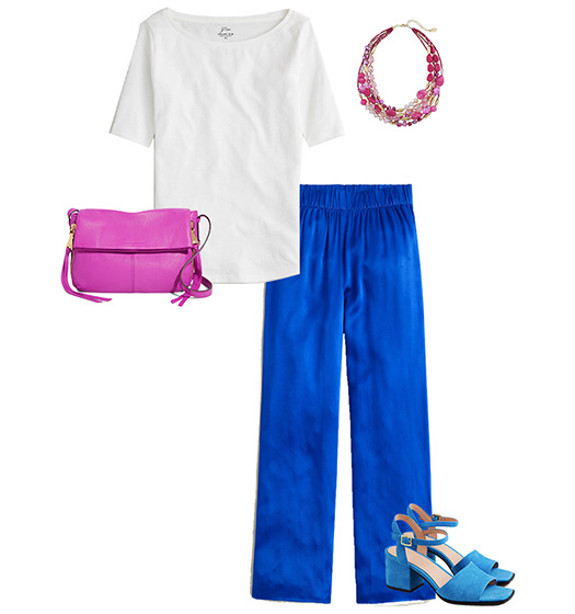 Winter palette: white top, blue pants and sandals and pink accessories | 40plusstyle.com